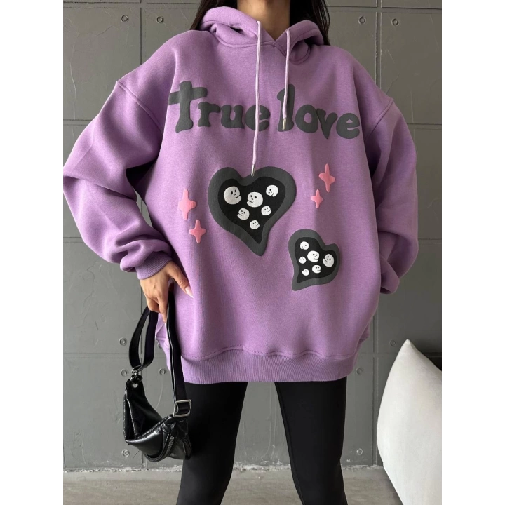 3 iplik şardonlu oversize compact true baskılı sweat mor