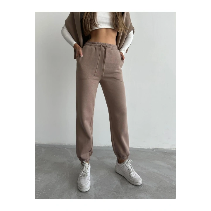 3 iplik şardonlu paça lastikli eşofman vizon is001