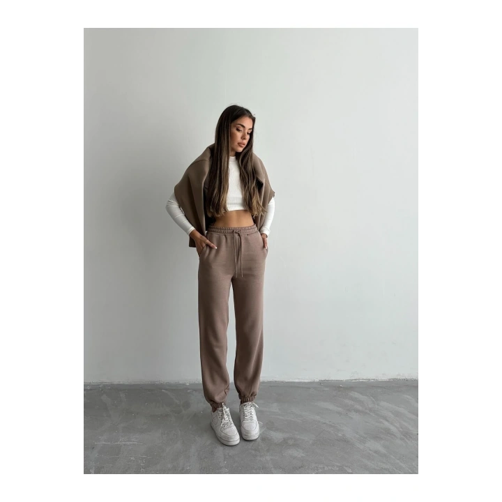 3 iplik şardonlu paça lastikli eşofman vizon is001