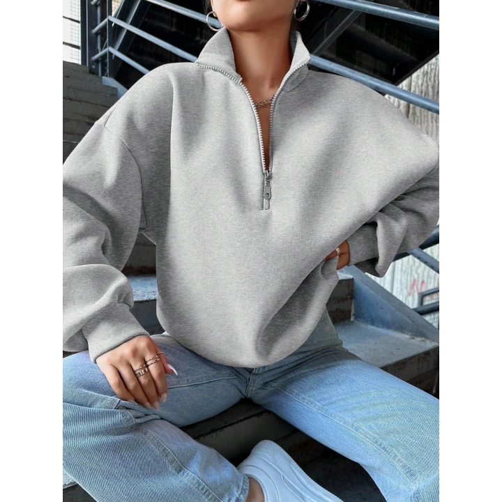 3 iplik Şardonlu yarım fermuarlı sweatshirt gri