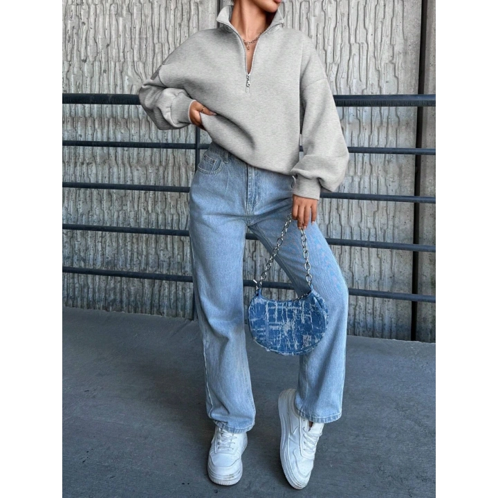 3 iplik Şardonlu yarım fermuarlı sweatshirt gri