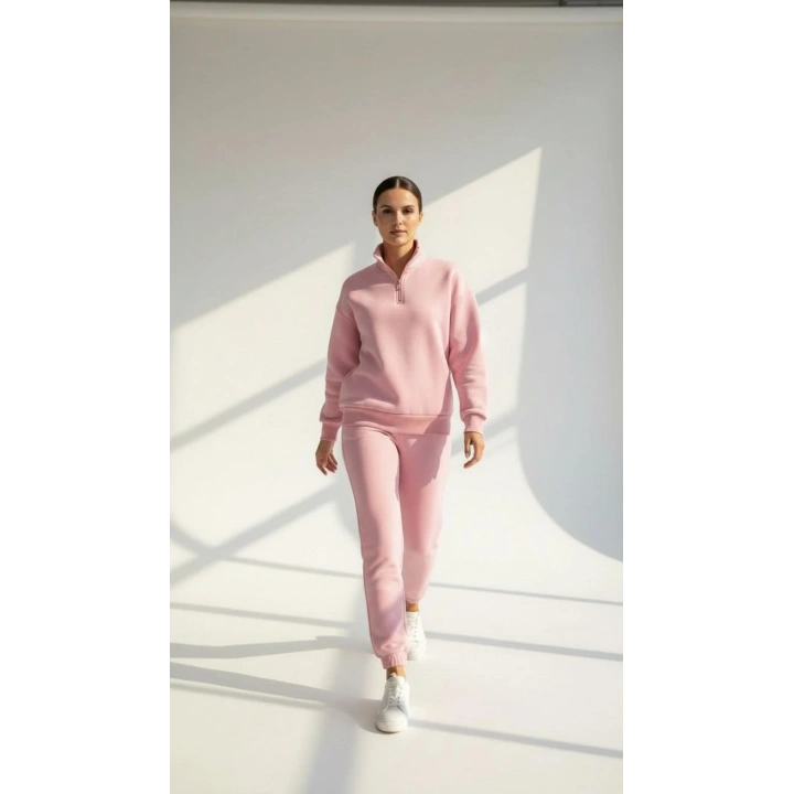 3 iplik Şardonlu yarım fermuarlı sweatshirt somon