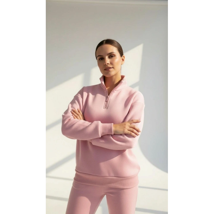 3 iplik Şardonlu yarım fermuarlı sweatshirt somon