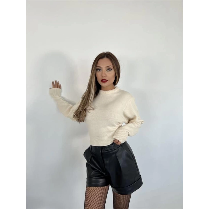 3914 TRİKO GENİŞ KOL CROP KAZAK-KREM