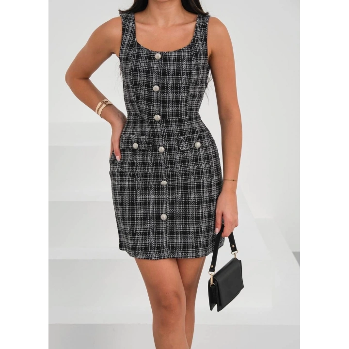 Askılı ch kumaş düğmeli elbise siyahbeyaz h265007