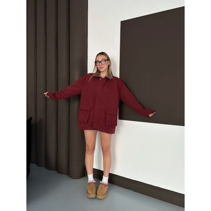 Astarlı yaka detaylı artos ceket bordo st2651019