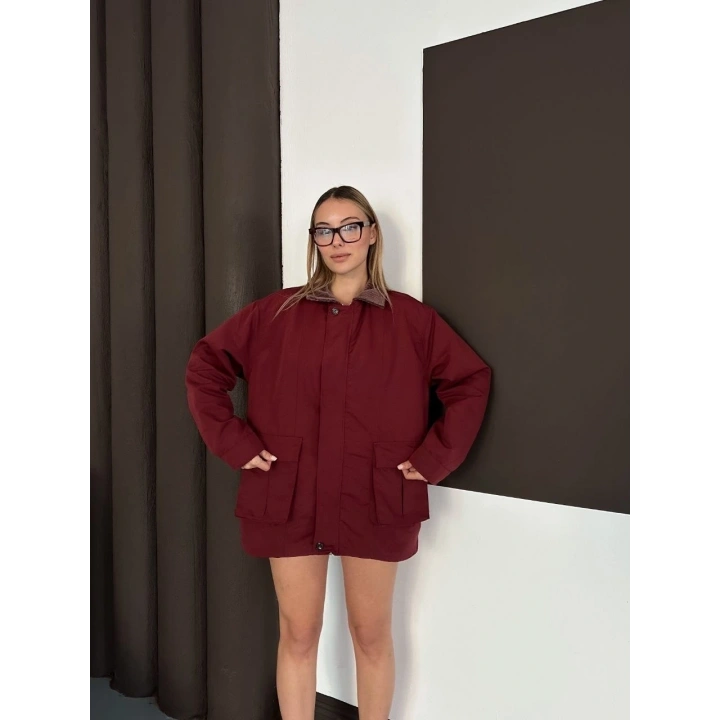 Astarlı yaka detaylı artos ceket bordo st2651019