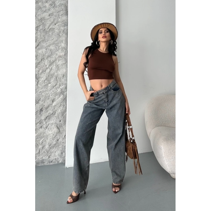 Baggy kar yıkama eskitme kahve jeans pantolon d2007