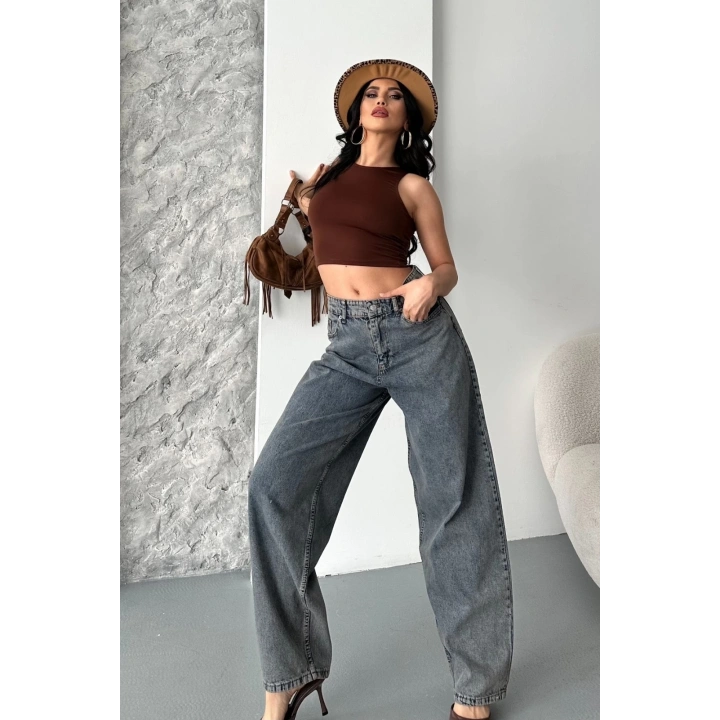 Baggy kar yıkama eskitme kahve jeans pantolon d2007