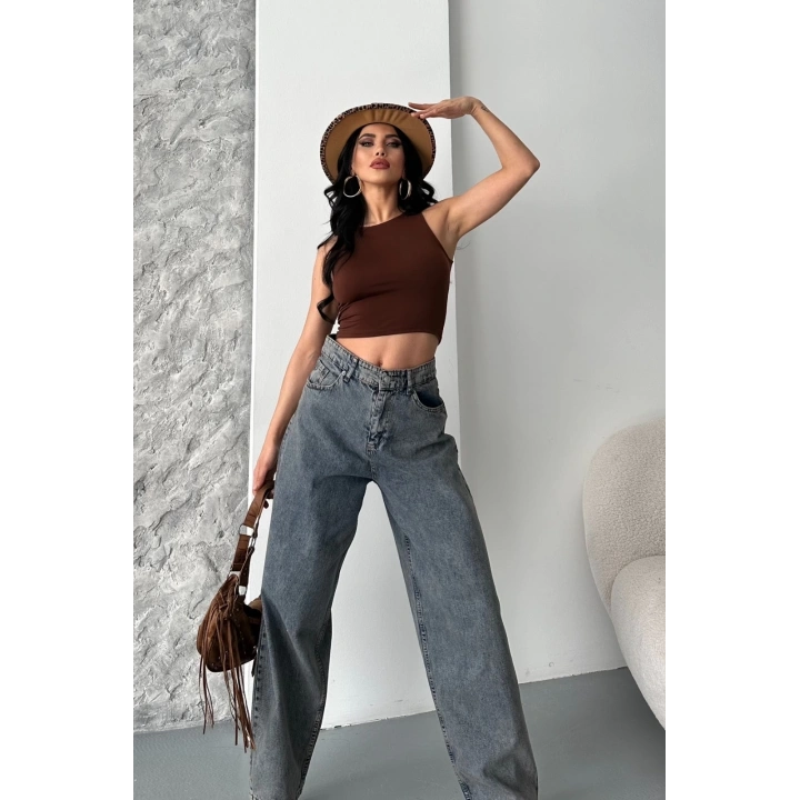 Baggy kar yıkama eskitme kahve jeans pantolon d2007