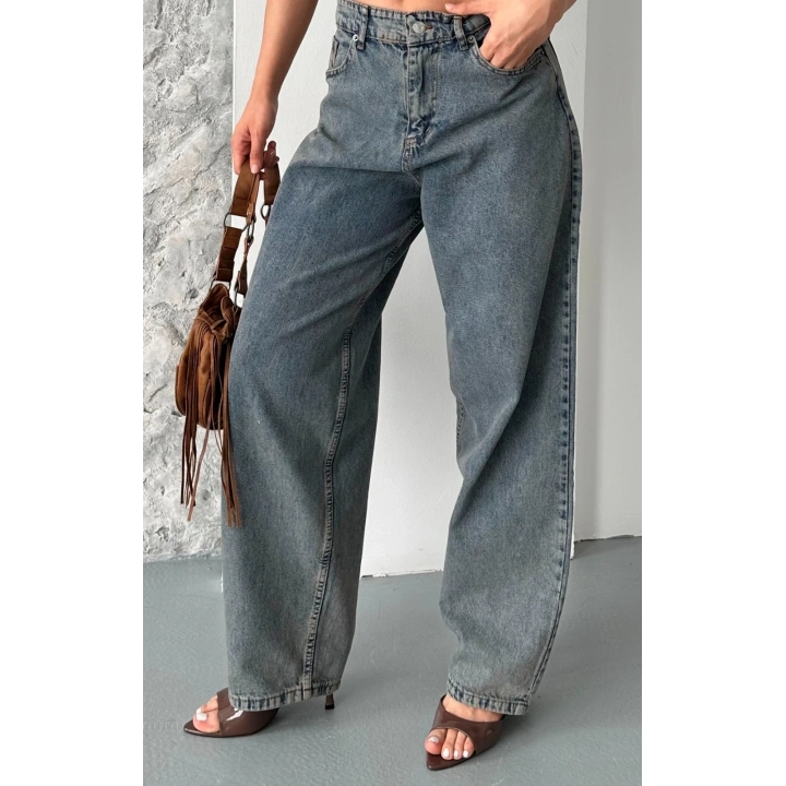 Baggy kar yıkama eskitme kahve jeans pantolon d2007