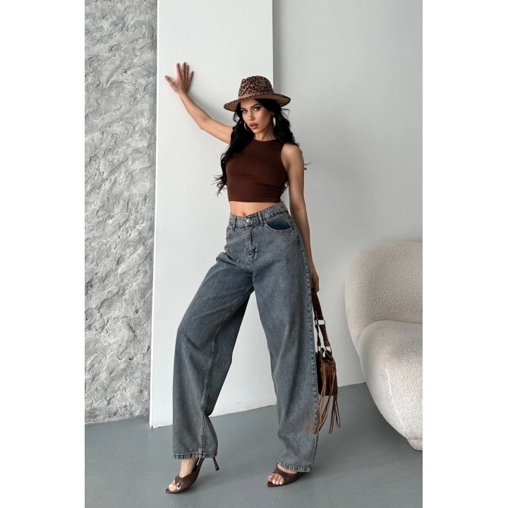 Baggy kar yıkama eskitme kahve jeans pantolon d2007