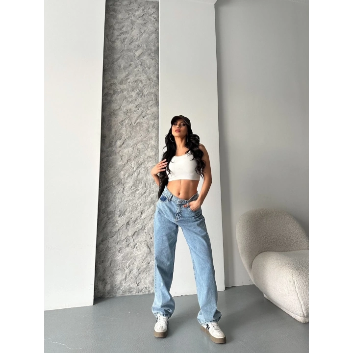 Baggy kar yıkama orta mavi jeans pantolon d2007