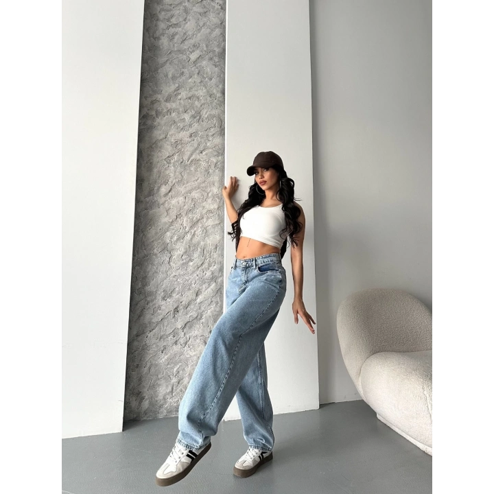 Baggy kar yıkama orta mavi jeans pantolon d2007