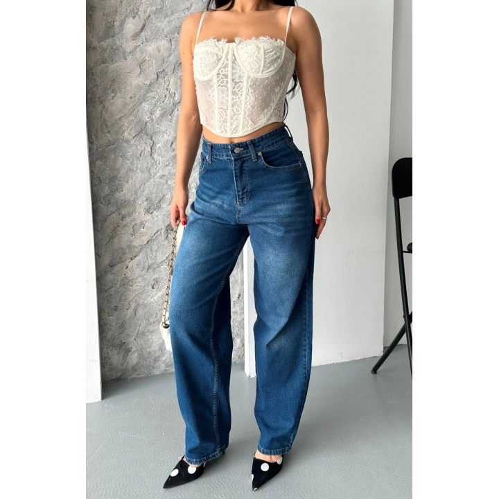 Baggy süper taş bıyık yıkama koyu mavi jeans pantolon d2007