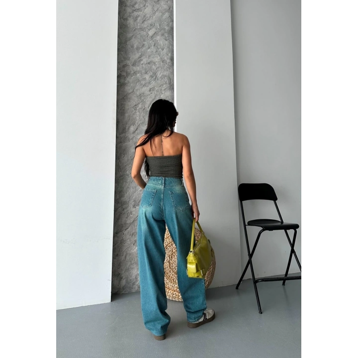 Baggy taş enzim bıyık yıkama jeans pantolon yeşil tint d2007