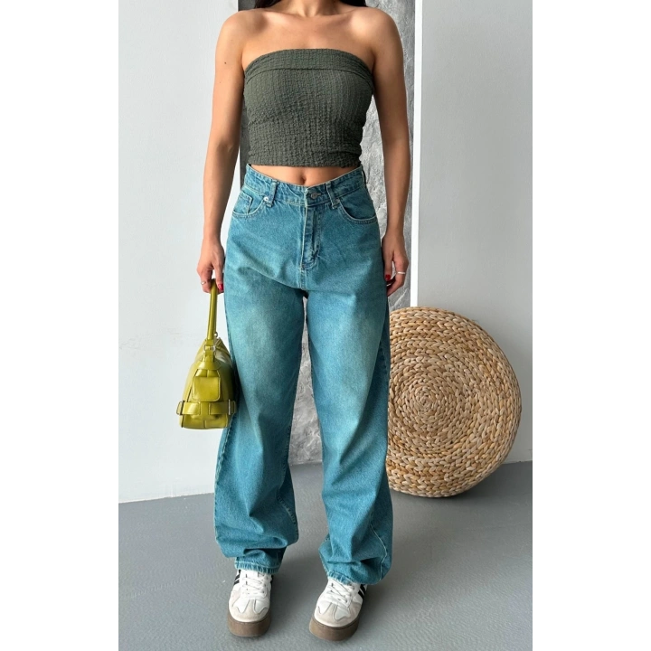 Baggy taş enzim bıyık yıkama jeans pantolon yeşil tint d2007