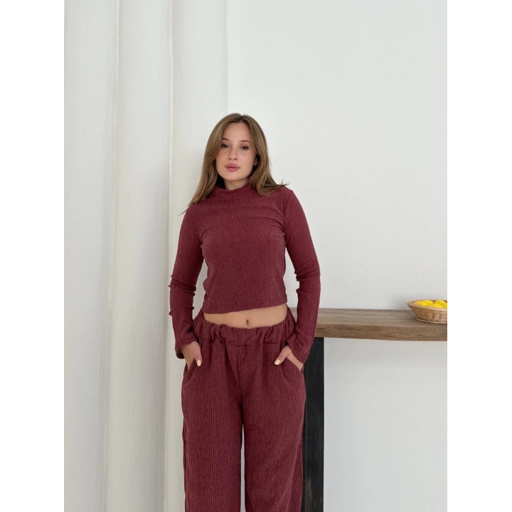 Balıkçı yaka örme takım bordo st265865