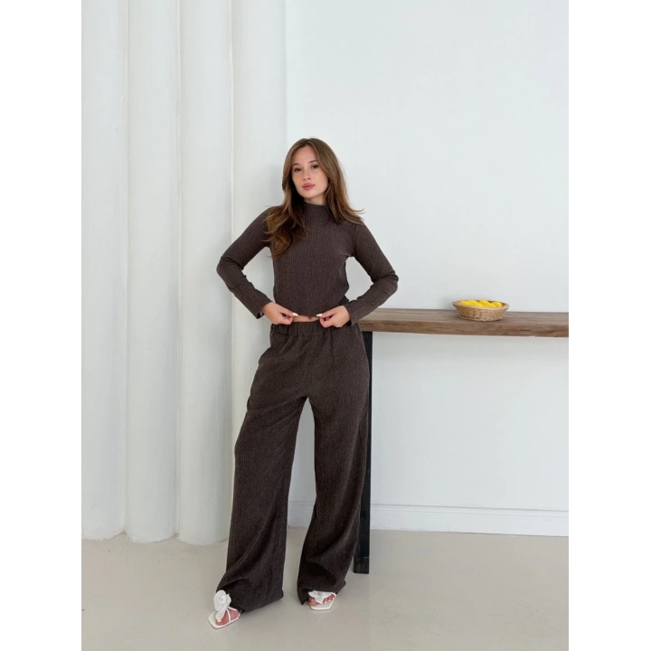 Balıkçı yaka örme takım kahve st265865