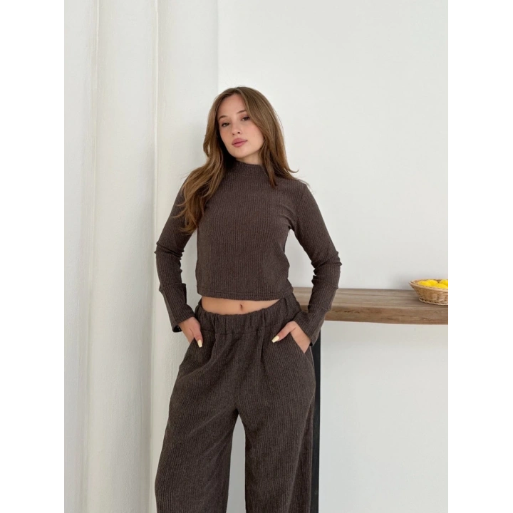 Balıkçı yaka örme takım kahve st265865