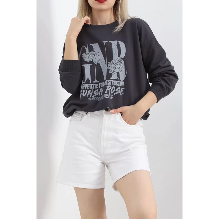 Baskılı İki İplik Oversize Sweat Füme - 21648.200.