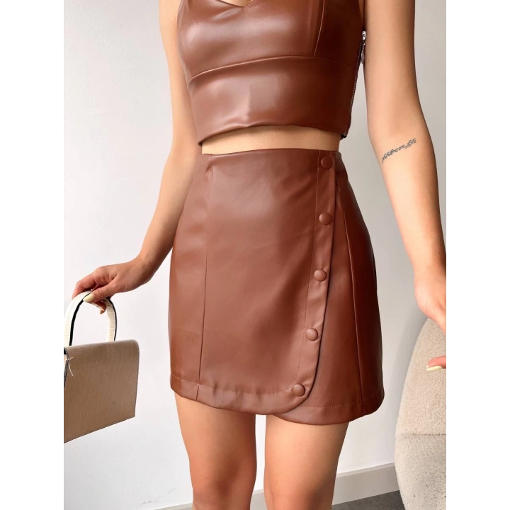 Beş düğmeli oval deri etek kahve h240068