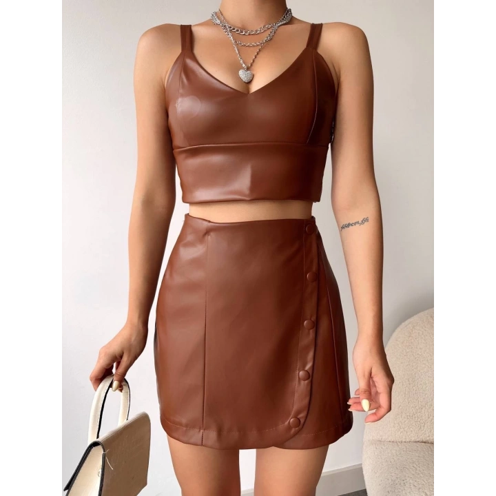 Beş düğmeli oval deri etek kahve h240068