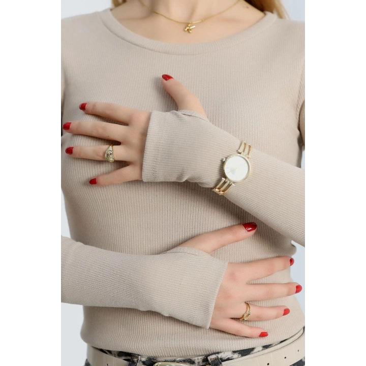 Bisiklet Yaka Parmak Geçmeli Kaşkorse bluz bej a3829