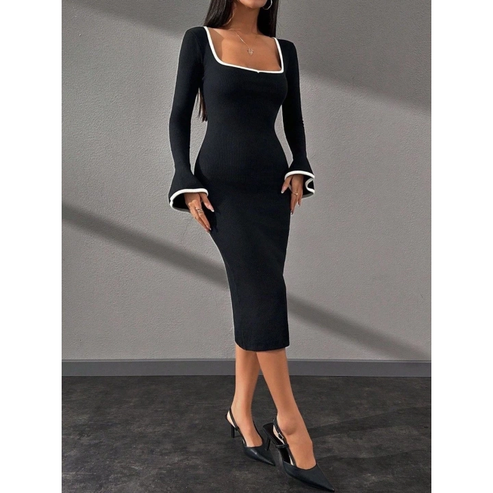 Biyeli midi boy elbise siyah A3718