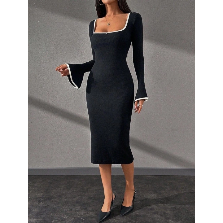 Biyeli midi boy elbise siyah A3718