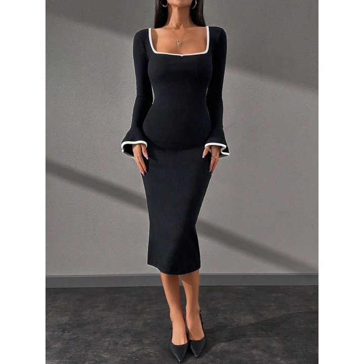 Biyeli midi boy elbise siyah A3718