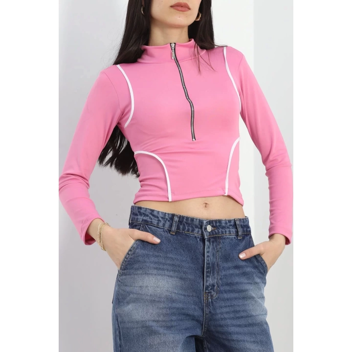 Biyeli Yarım Fermuarlı Body Pembe - 40078.1855.