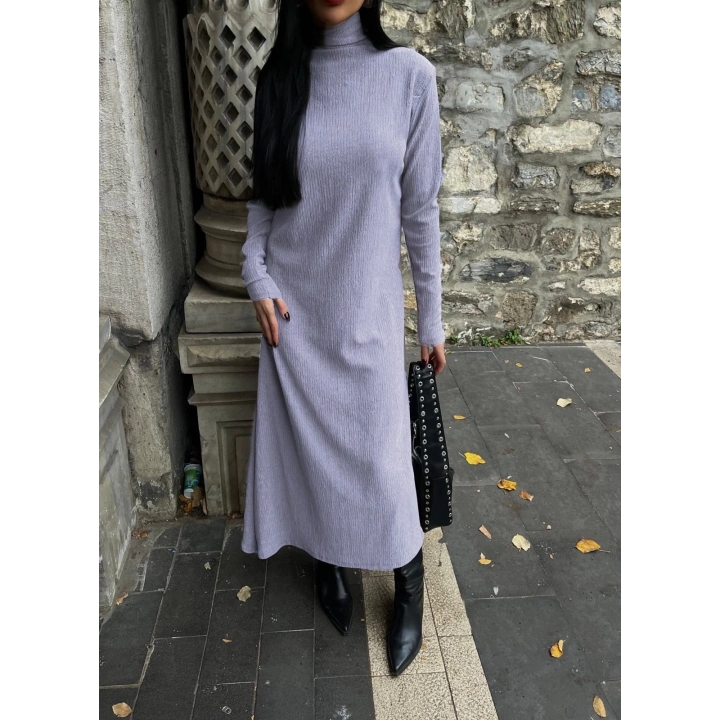 Boğazlı kalın bürümcük uzun elbise gri