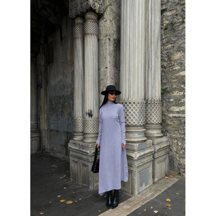 Boğazlı kalın bürümcük uzun elbise gri