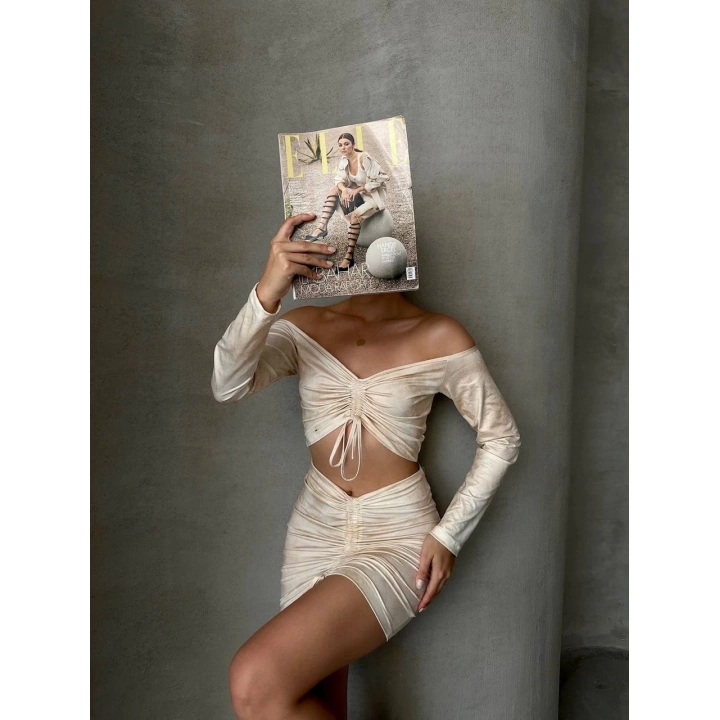 Büzgülü etek bluz takım bej s24709