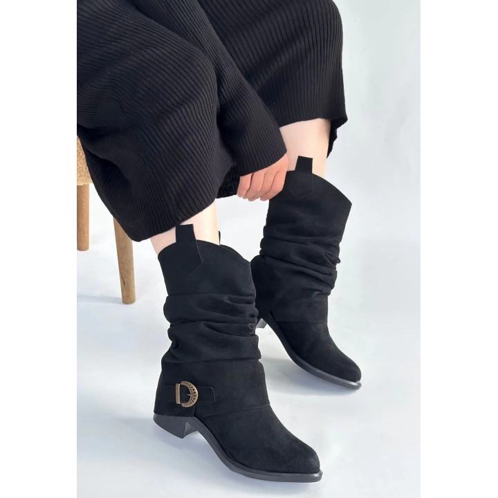 Canty Siyah Süet Körüklü Topuklu Çizme