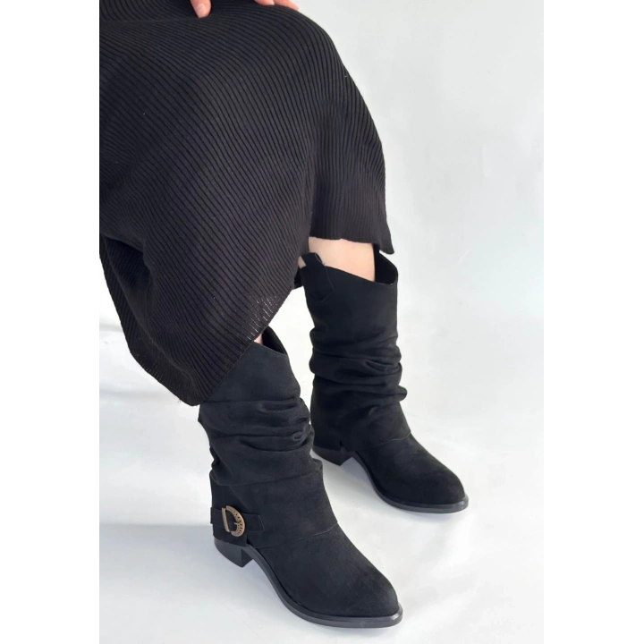 Canty Siyah Süet Körüklü Topuklu Çizme