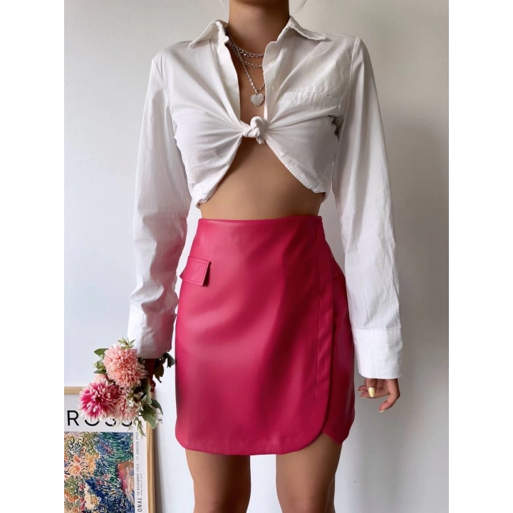 Cep detaylı oval kapaklı deri etek fuşya h240048