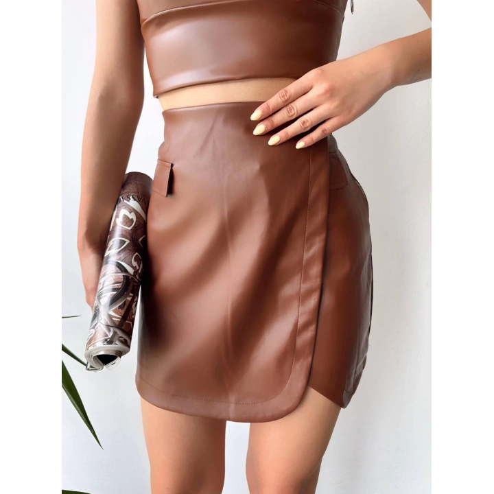 Cep detaylı oval kapaklı deri etek kahve h240048