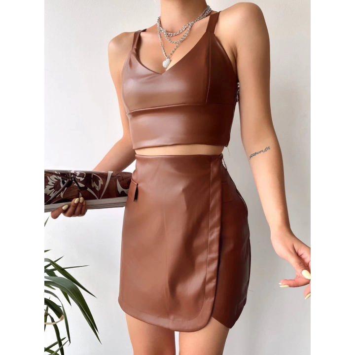 Cep detaylı oval kapaklı deri etek kahve h240048