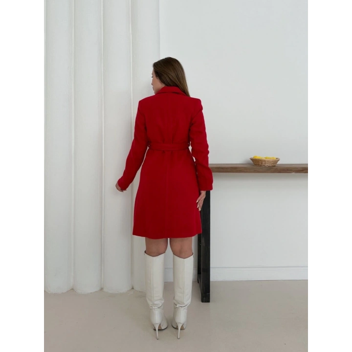 Cepli kuşaklı kaşe kaban kırmızı st26458