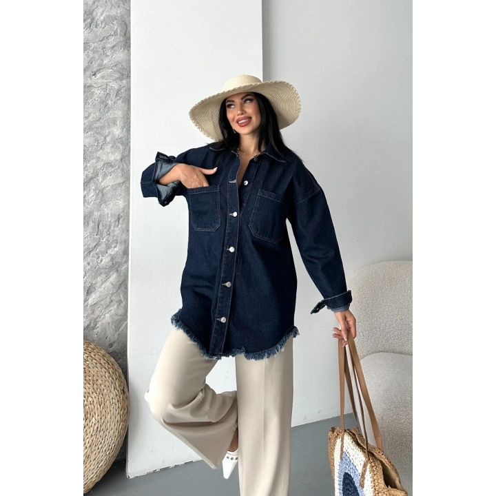 Cepli püsküllü kar yıkama kot ceket koyu mavi d2515