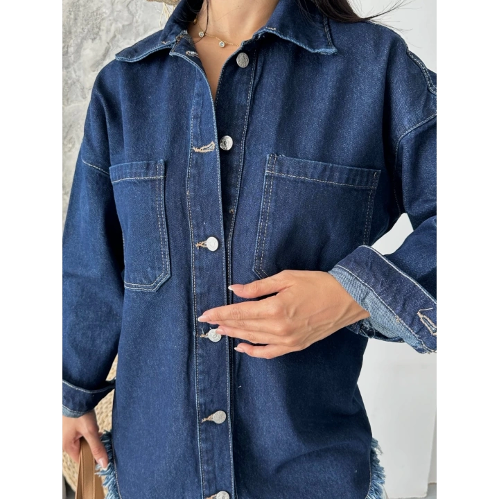 Cepli püsküllü kar yıkama kot ceket koyu mavi d2515