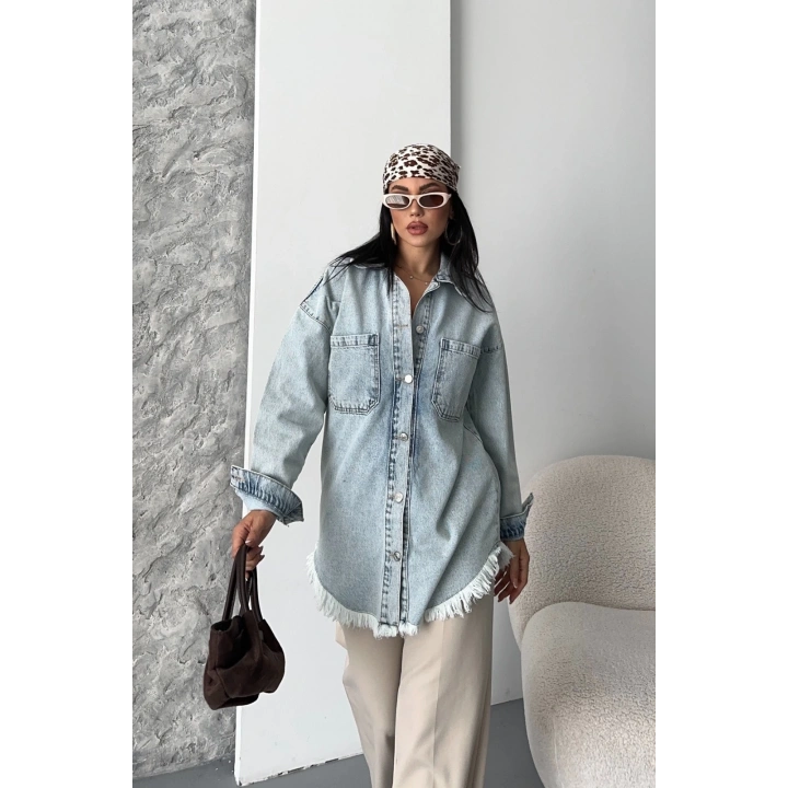 Cepli püsküllü kar yıkama kot ceket mavi d2515