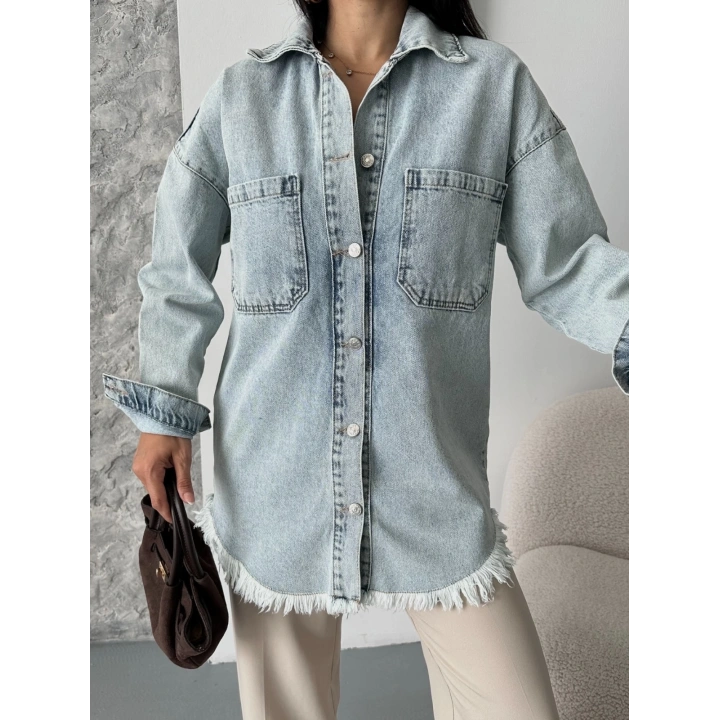 Cepli püsküllü kar yıkama kot ceket mavi d2515