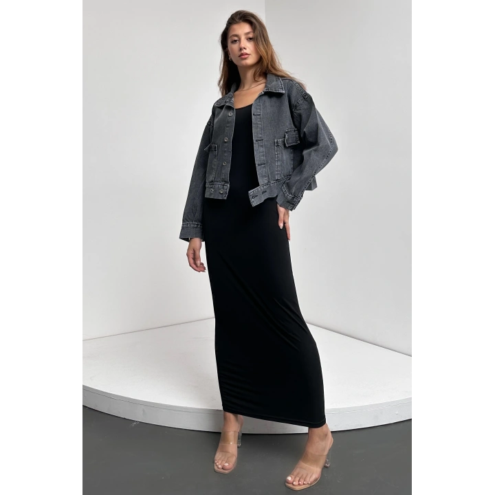 Çift Cep Beli Düğme Detaylı Denim Ceket