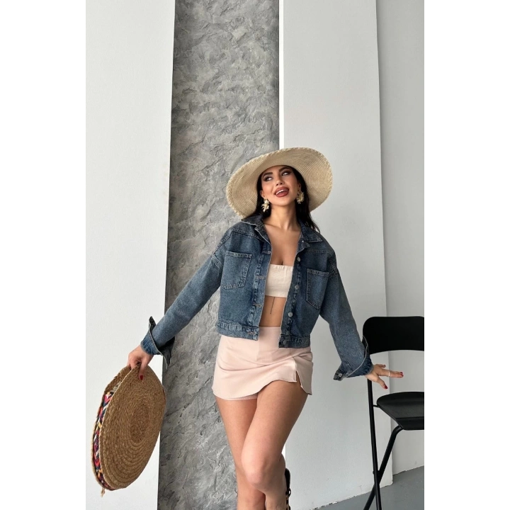 Çift cepli kol katlamalı kar yıkama crop kot ceket kahve tint d2000