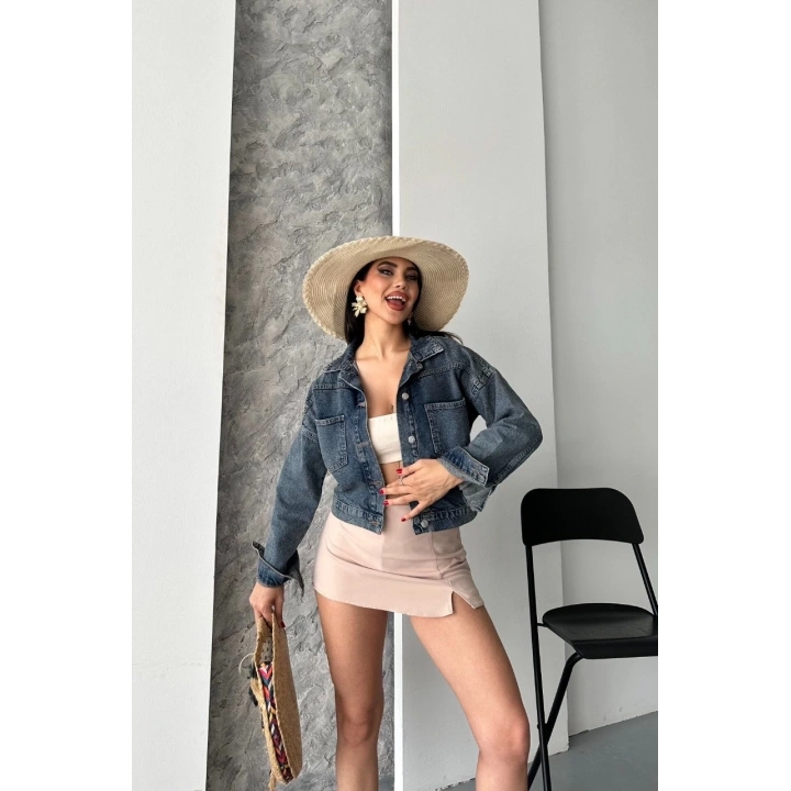 Çift cepli kol katlamalı kar yıkama crop kot ceket kahve tint d2000