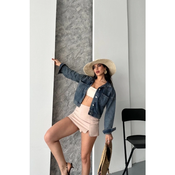 Çift cepli kol katlamalı kar yıkama crop kot ceket kahve tint d2000