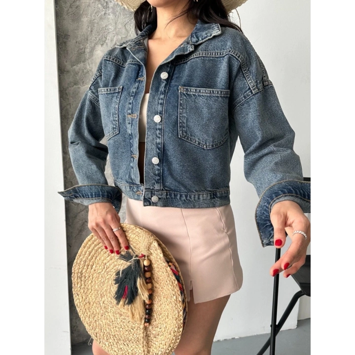 Çift cepli kol katlamalı kar yıkama crop kot ceket kahve tint d2000